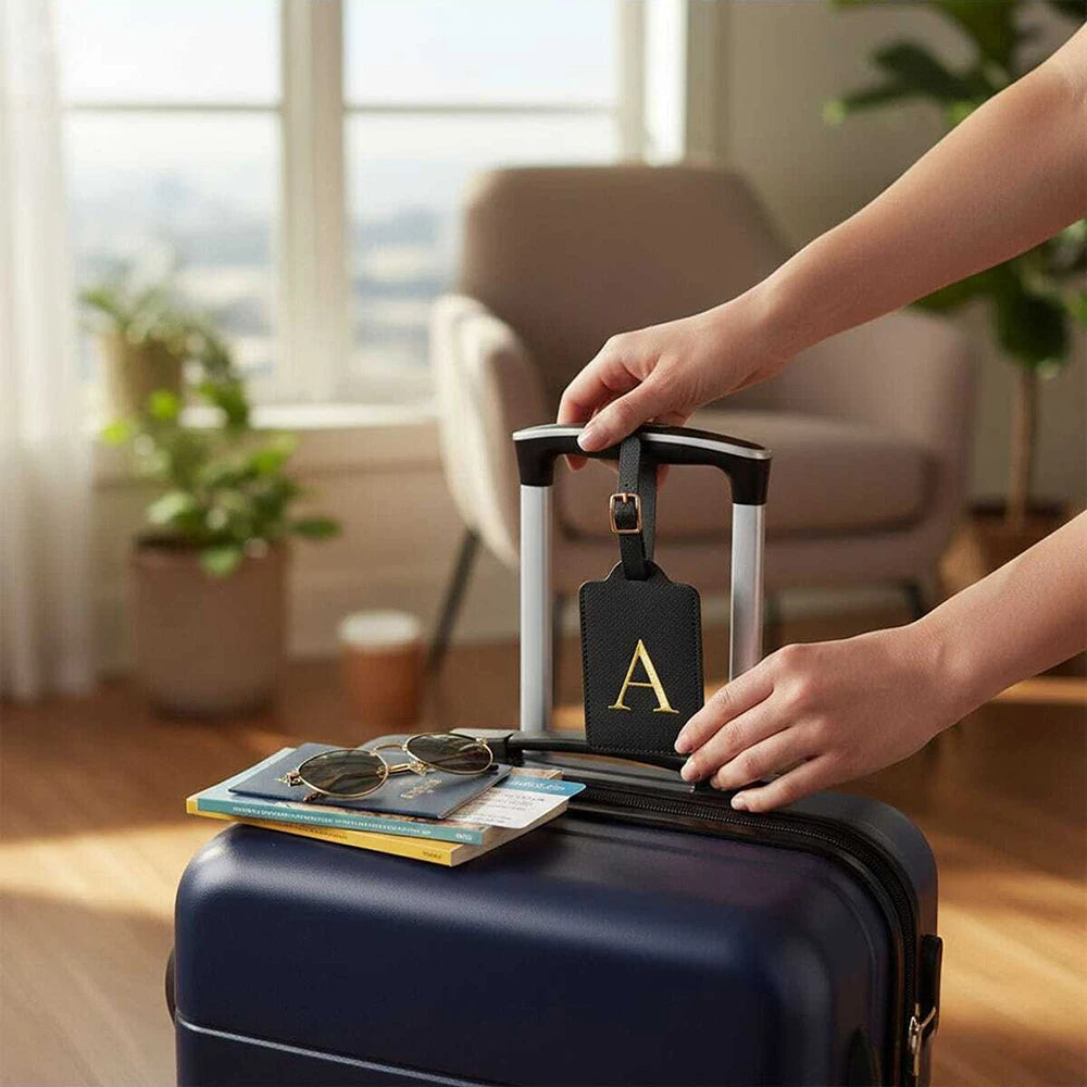 Étiquette de Bagage Personnalisée en Cuir PU – Lettre Initiale A–Z avec Protection Confidentialité