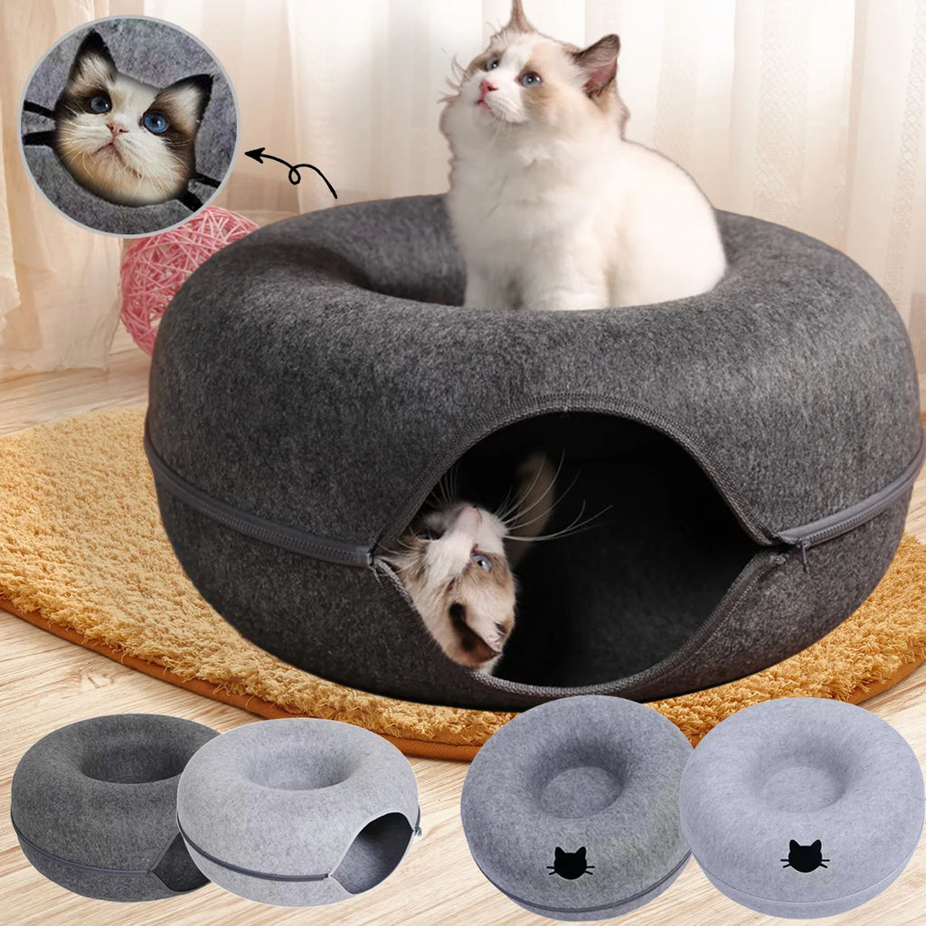 Lit en feutre 2-en-1 avec tunnel pour chat — cachette de jeu