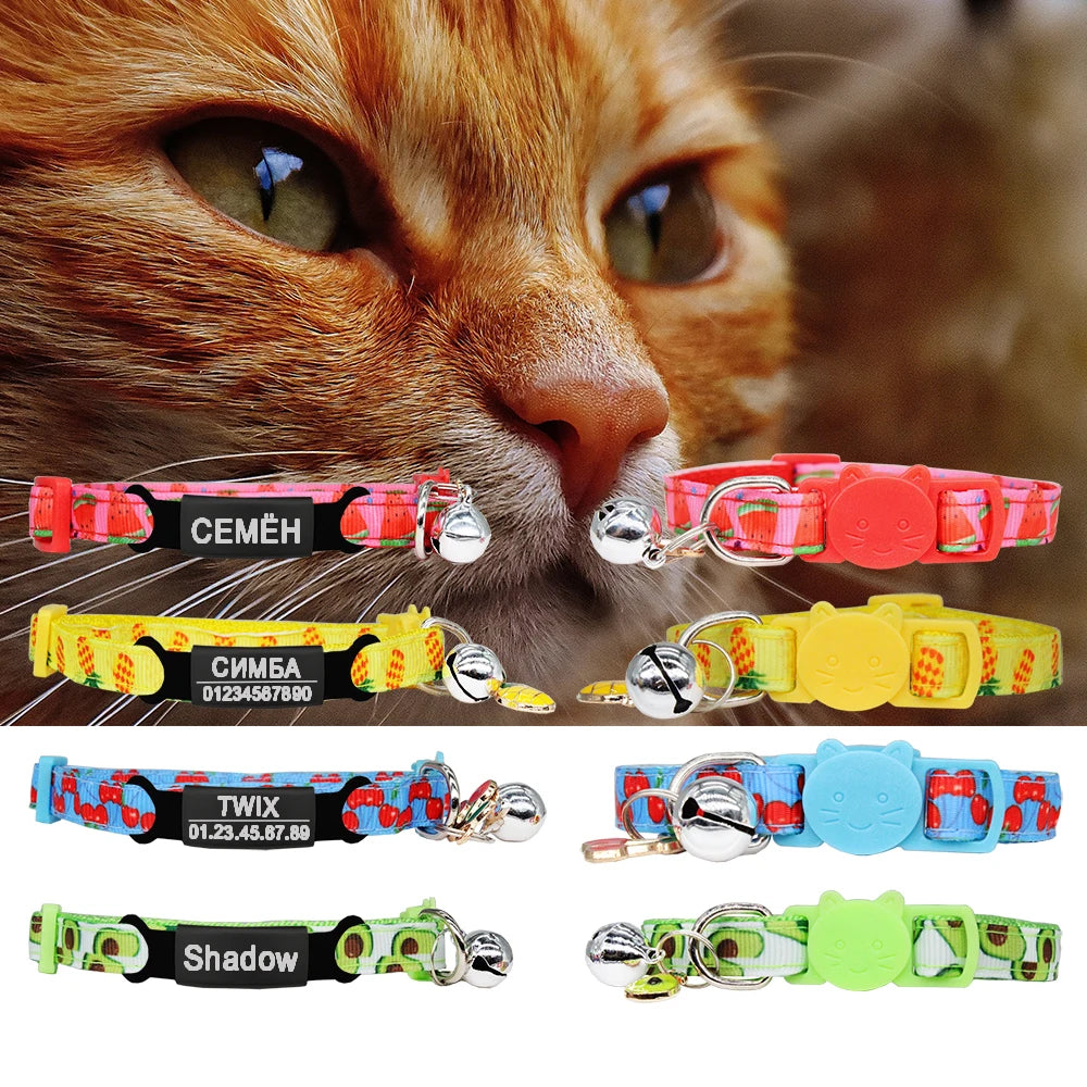 Collier chat motif fruits avec grelot — sécurité et plaque ID