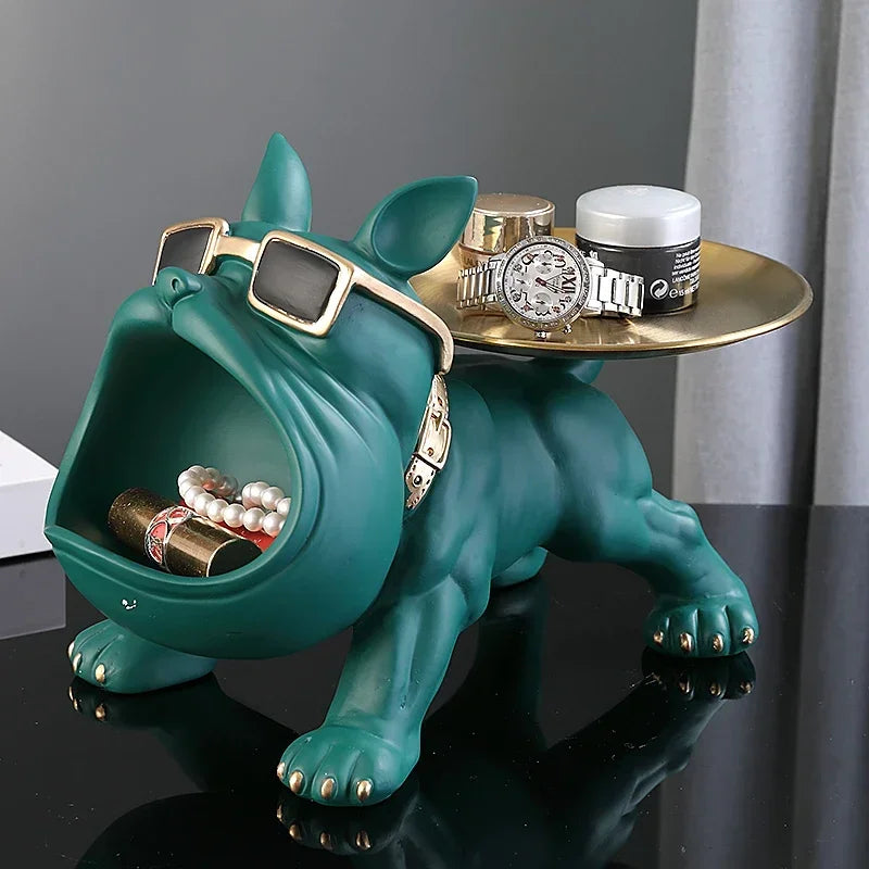 Statue Bouledogue avec Plateau Doré – Sculpture Design & Rangement Élégant