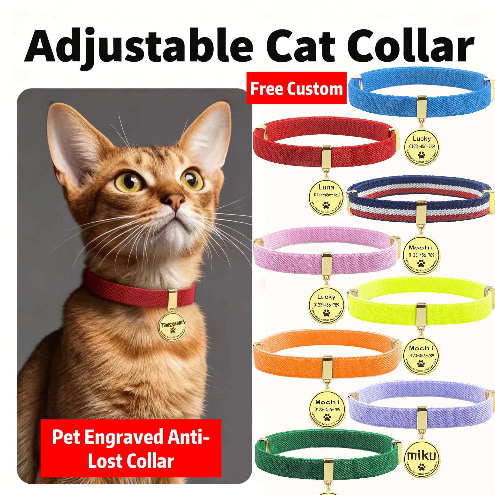 Collier chat personnalisable avec plaque métal gravée — sécurité