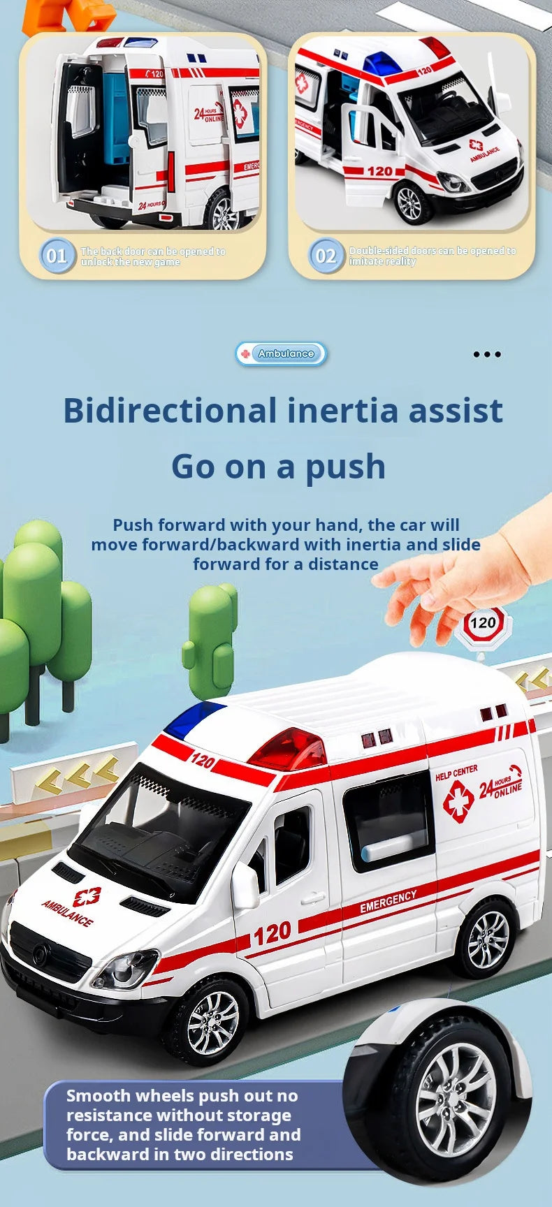 Mini Véhicule d’Urgence 1:32 en Alliage – Ambulance / Police (Son & Lumière)