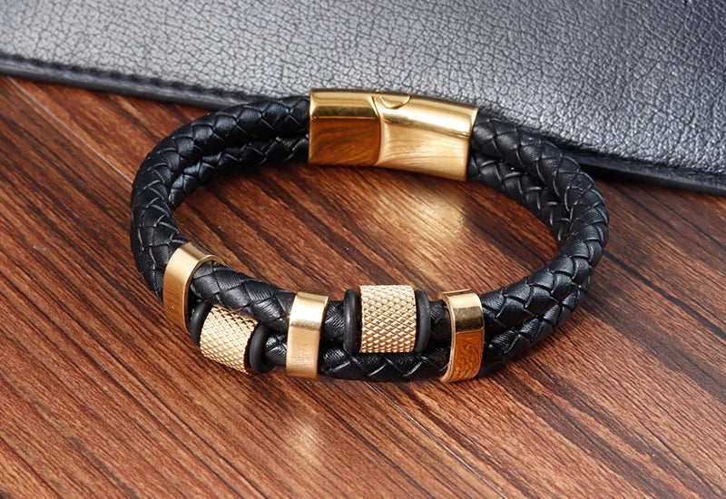 Bracelet Cuir Tressé & Acier – Fermoir Magnétique Homme