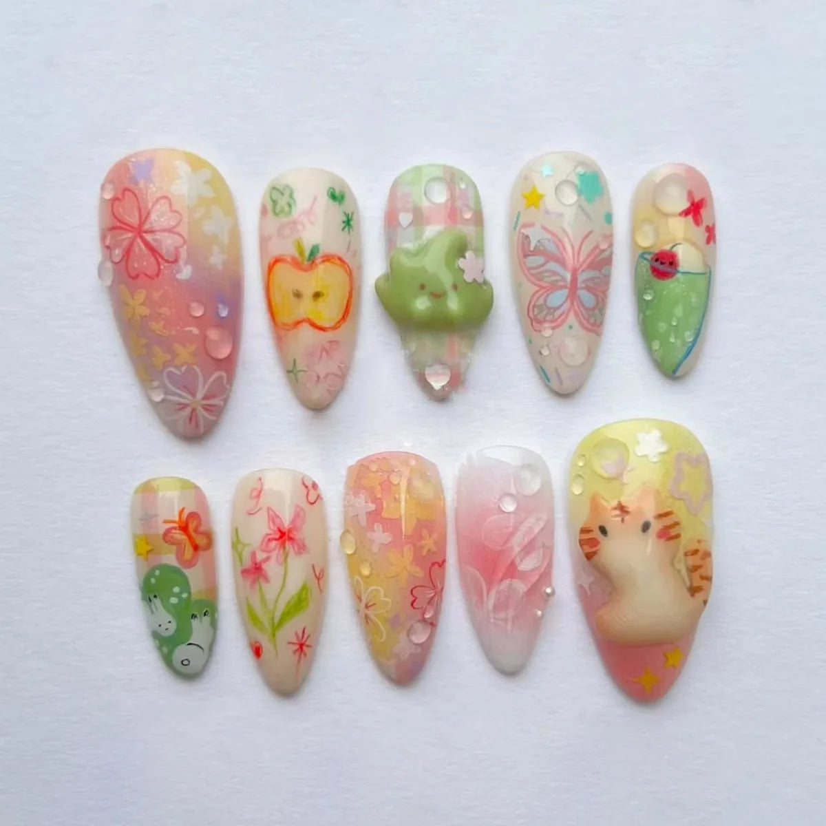 Set de 24 Faux Ongles Fleur Blanche  – Dégradé Pastel Rose & Jaune Chic