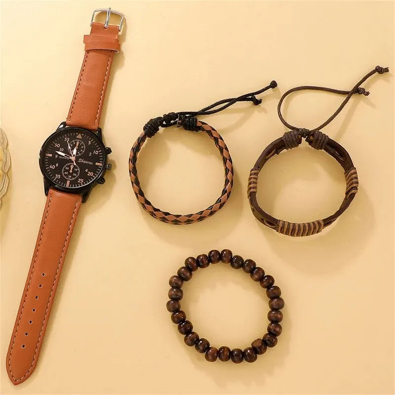 Ensemble Urban Class™ – Montre Quartz & Bracelets Cuir (4 pièces)