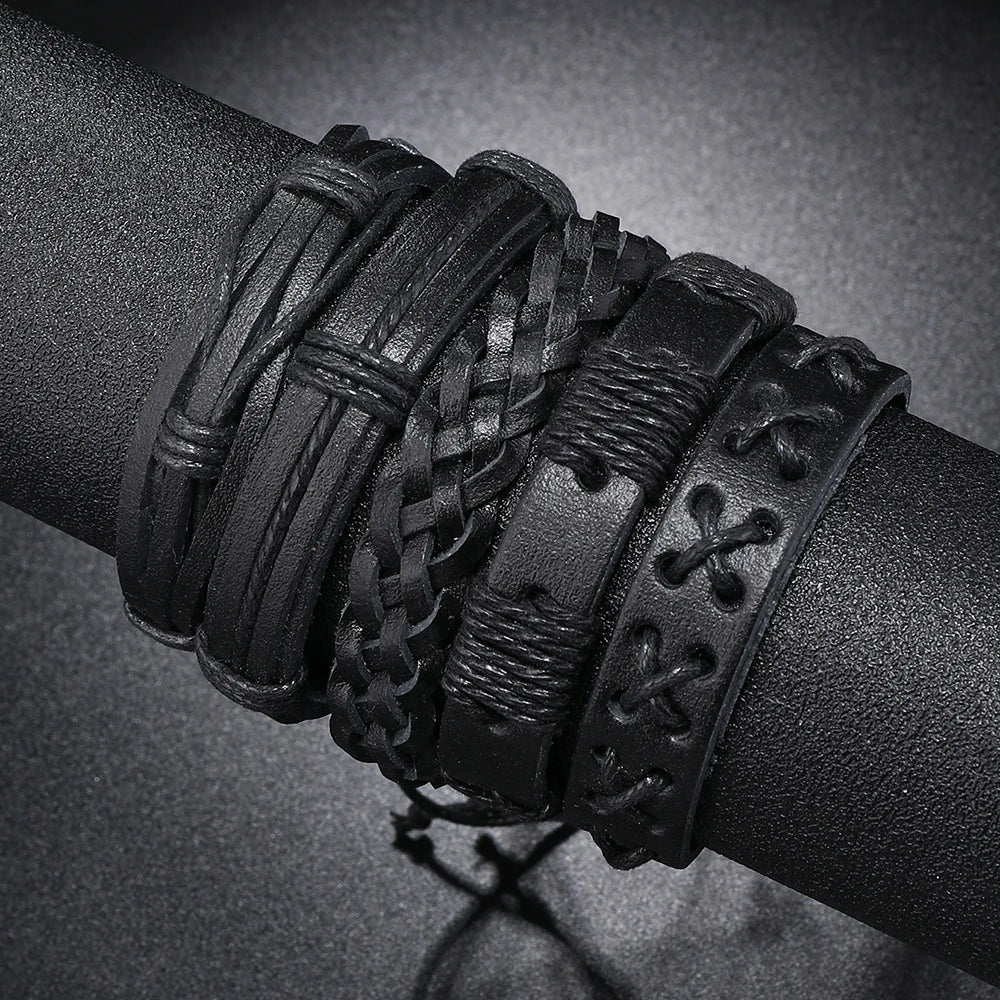 5 Bracelets Tressés en Cuir Noir – Style Punk Rock pour Hommes