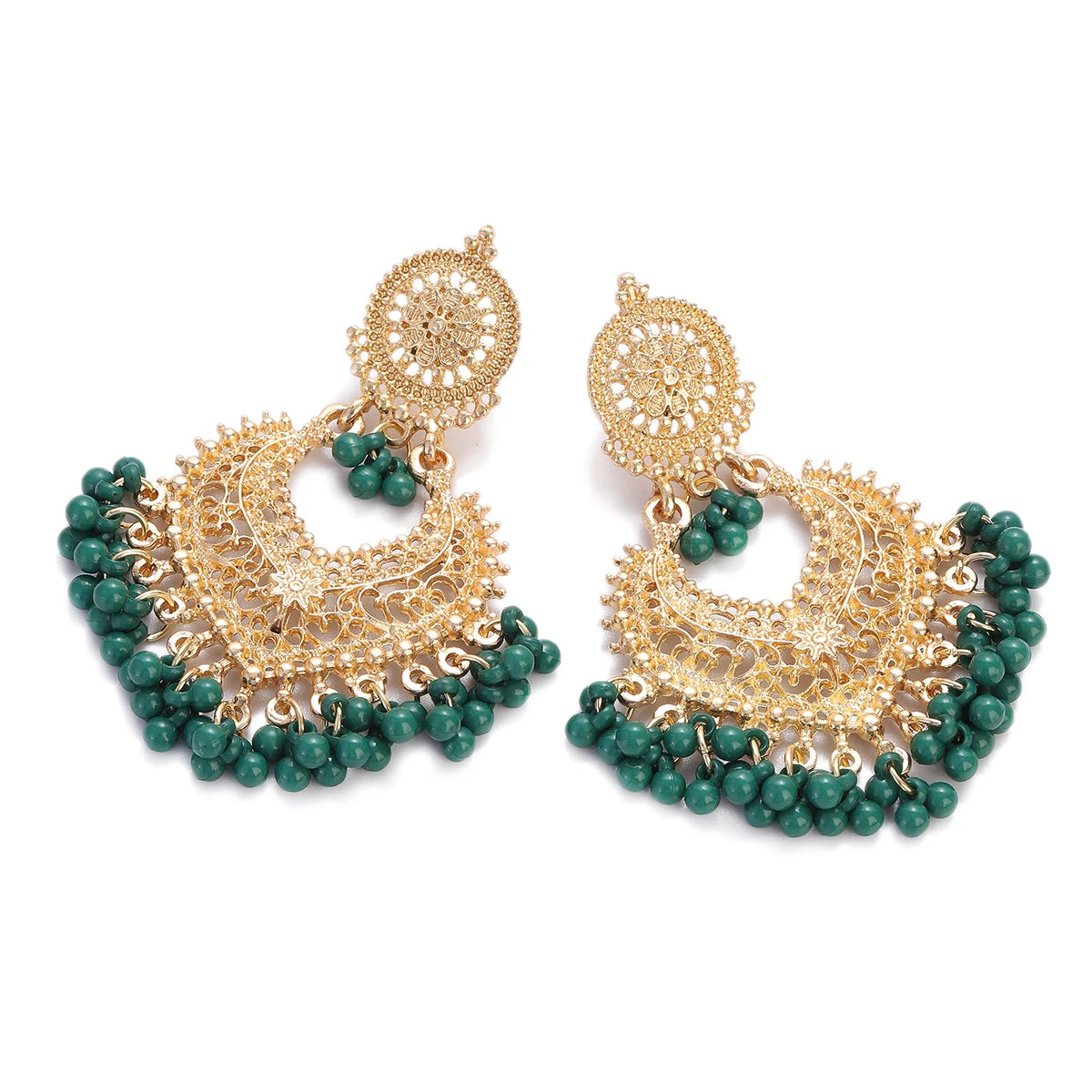 Boucles d’Oreilles Boho Cœur Doré – Fleur Sculptée & Perles – Style Jhumka Indien