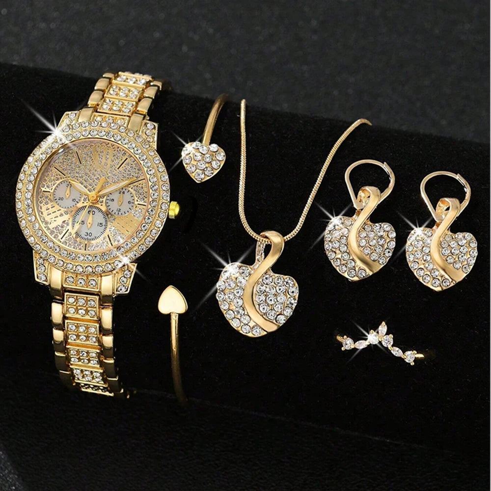 Montre à Quartz Femme – Ensemble Bijoux (Collier + Bague + Boucles d’oreilles + Montre)
