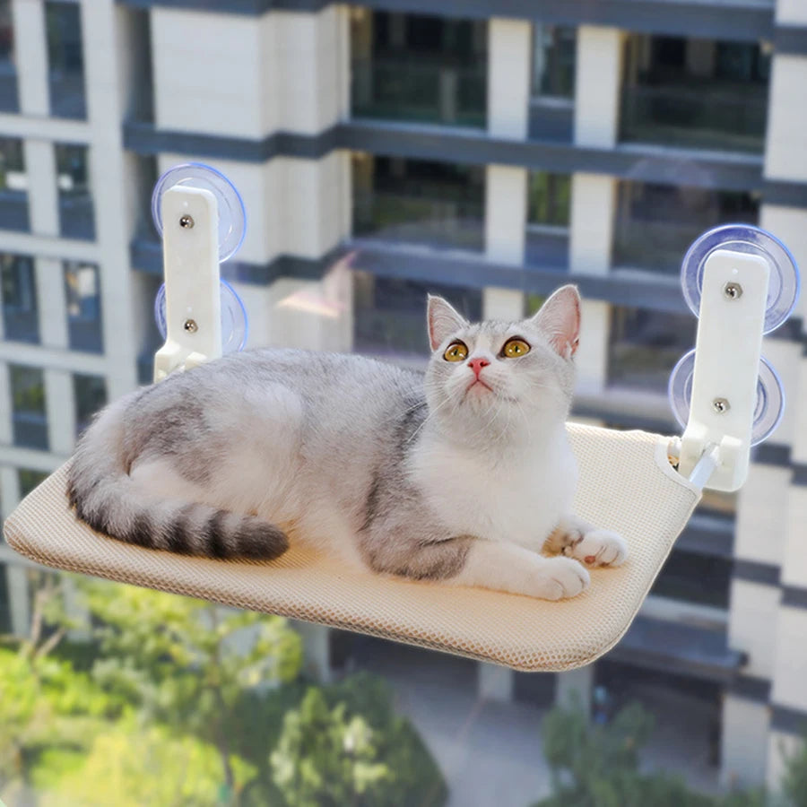 Hamac de fenêtre pliable en mesh pour chat — sans montage, double ventouse