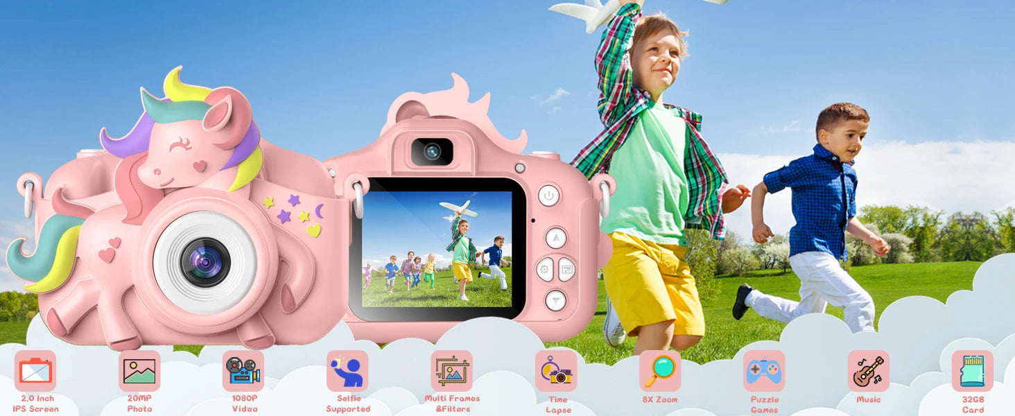Caméra Enfant 20MP HD – Écran 2.0" + Vidéo 1080P + Selfie – Coque Silicone & Carte 32 Go