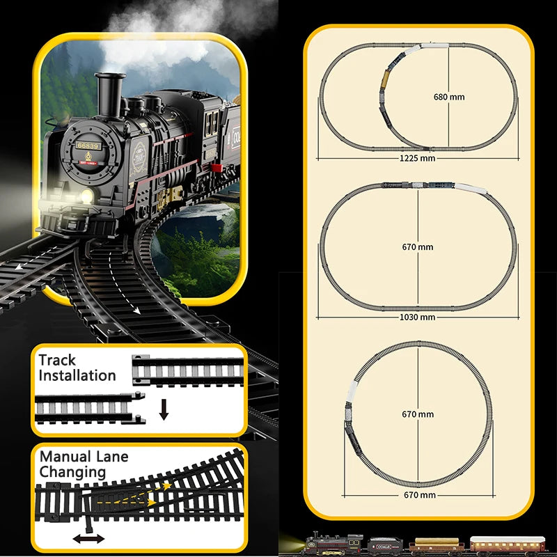 Train Électrique Rétro – Locomotive à Vapeur & Wagon Fret – Pistes Haute Vitesse (Plusieurs Sets)