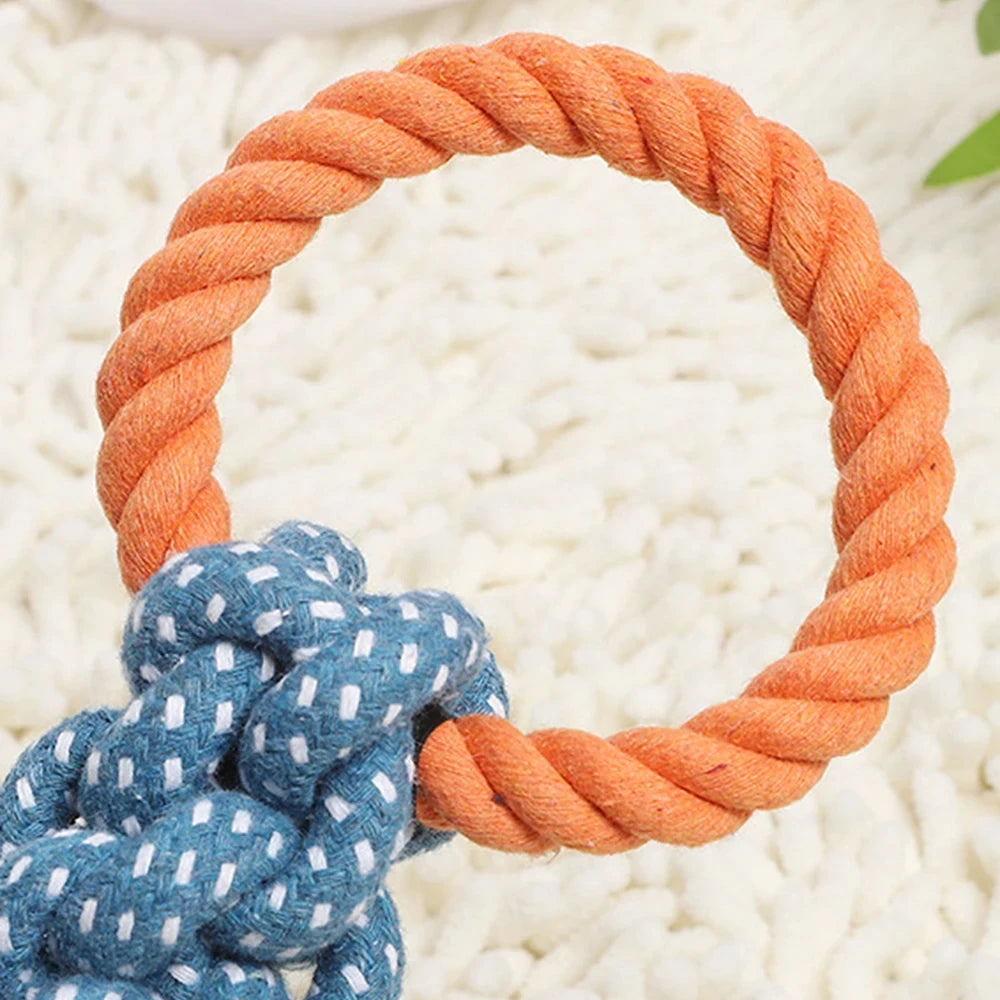 Jouet corde en coton à double anneau pour chien — résistant, jeu de traction