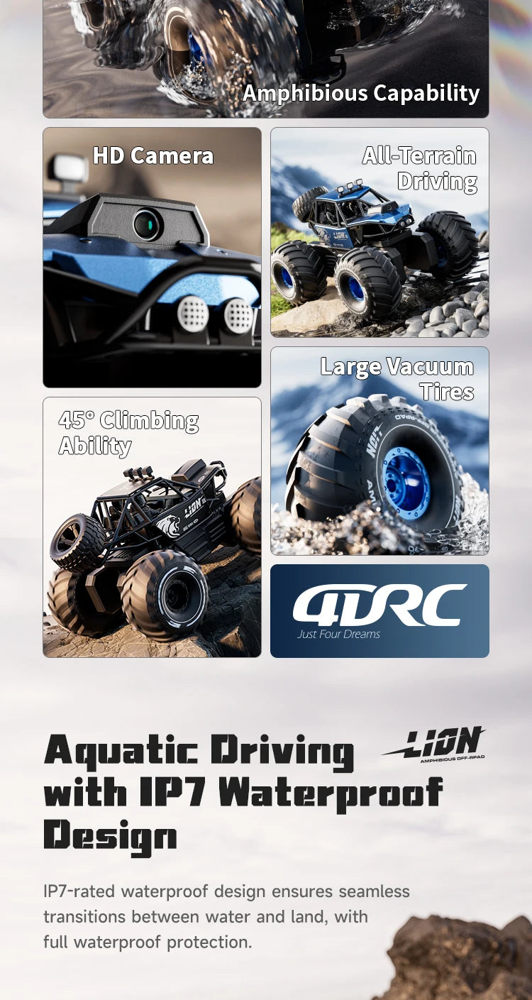 Voiture RC Amphibie Tout-Terrain 4WD – Contrôle Gestuel & Caméra HD