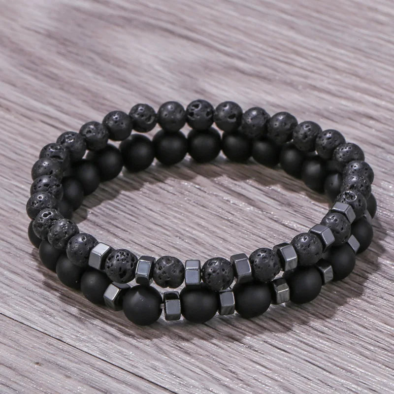 Bracelets Homme – Pierre Volcanique & Perles Noires Givrées | Double Couche