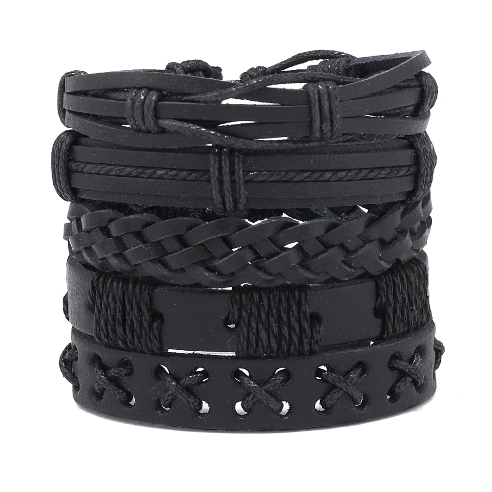 5 Bracelets Tressés en Cuir Noir – Style Punk Rock pour Hommes