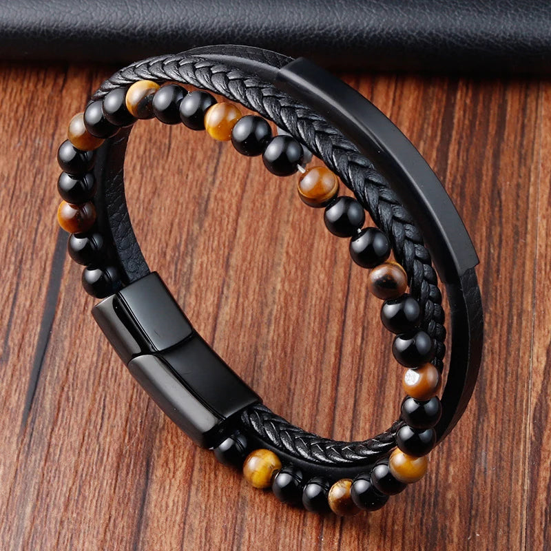 Bracelet Cuir Tressé & Acier – Fermoir Magnétique Homme