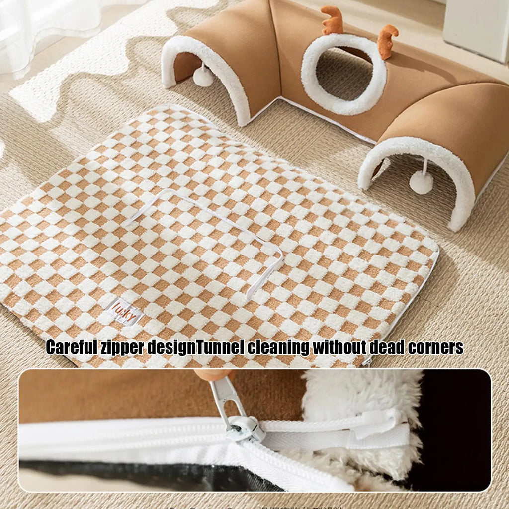 Tente-tunnel cosy 2-en-1 pour chat — couchage et jeu