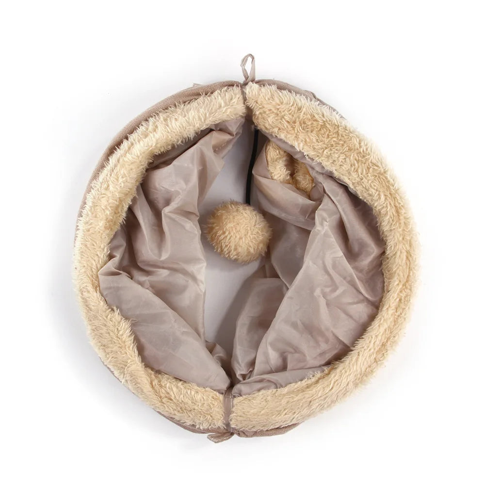Tunnel en peluche suède pour chat — cachette de jeu