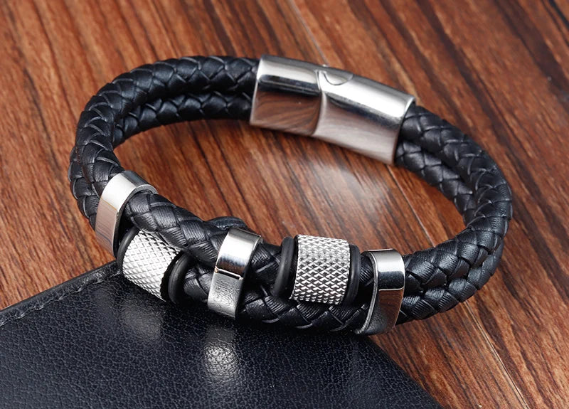 Bracelet Cuir Tressé & Acier – Fermoir Magnétique Homme