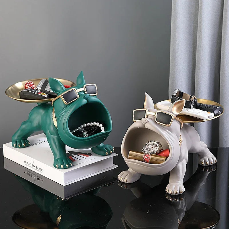 Statue Bouledogue avec Plateau Doré – Sculpture Design & Rangement Élégant