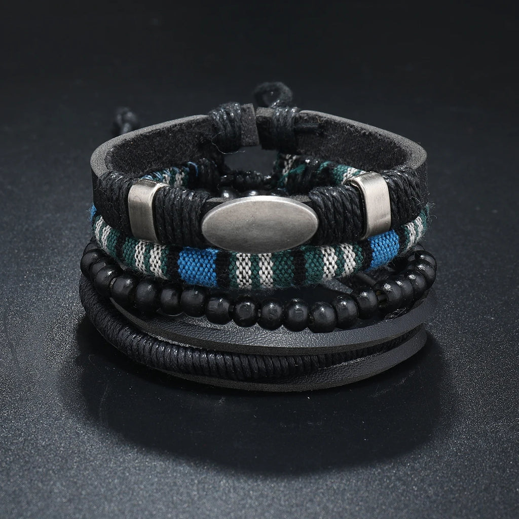 Bracelet Homme Luxe – Set de 4 Bracelets Tressés en Cuir (Style Ethnique Tribal)