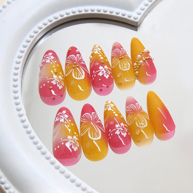 Set de 24 Faux Ongles Fleur Blanche  – Dégradé Pastel Rose & Jaune Chic