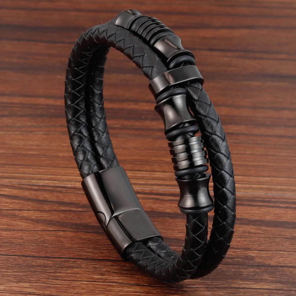 Bracelet Cuir Tressé & Acier – Fermoir Magnétique Homme