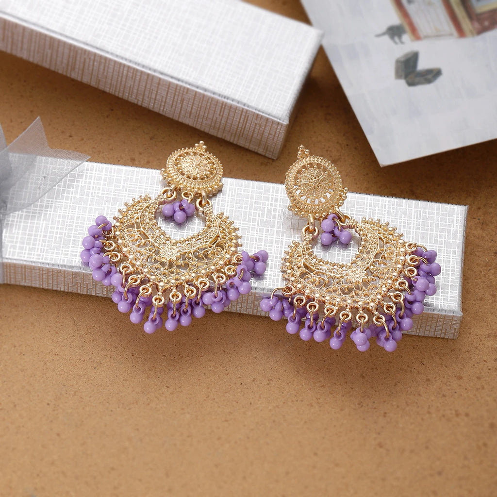 Boucles d’Oreilles Ethniques Cœur & Gland – Plaqué Or Style Bohème