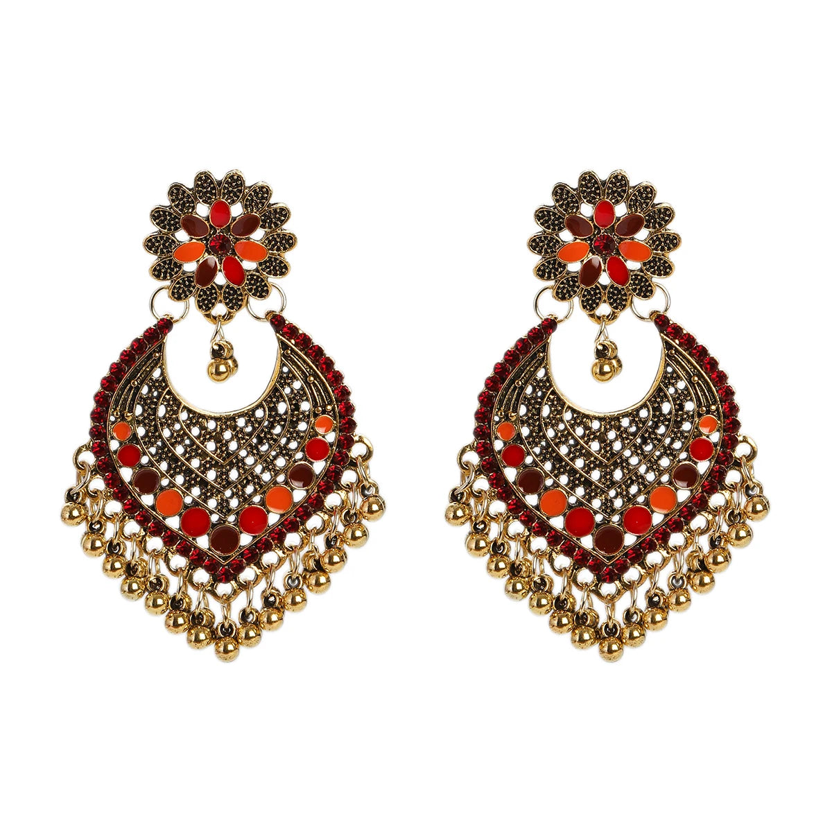 Boucles d’Oreilles Jhumka Indiennes – Cœur Doré, Perles & Pompon – Style Vintage Éthnique
