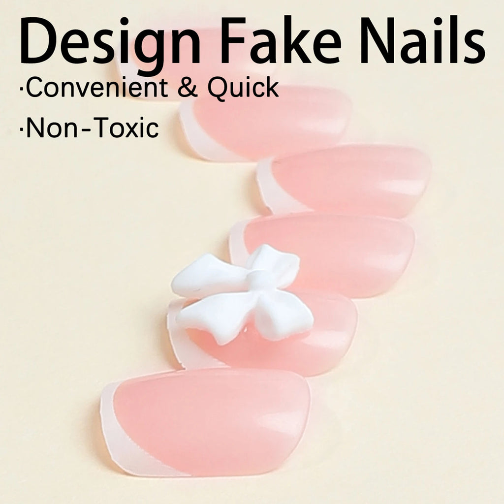 24 Pièces Faux Ongles French 3D – Nœud Papillon Élégant & Manucure Professionnelle DIY