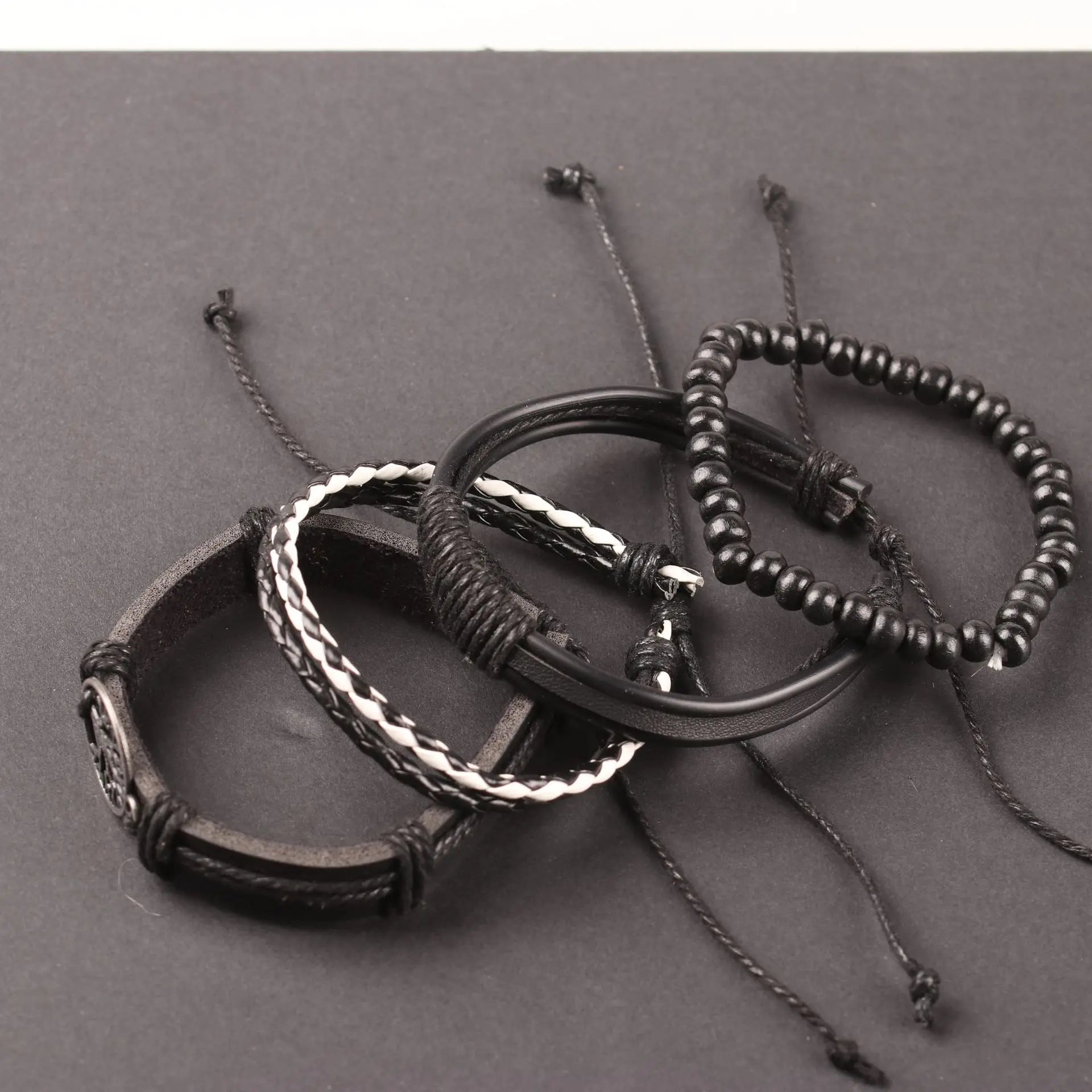 Bracelets Homme – Ensemble 4 Pièces Arbre de Vie | Cuir Tressé & Perles Bois