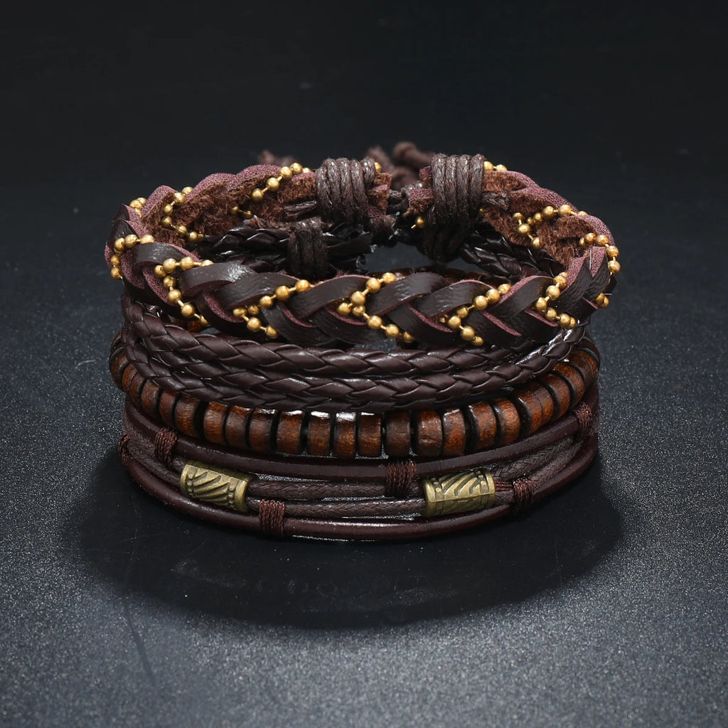 Bracelet Homme Luxe – Set de 4 Bracelets Tressés en Cuir (Style Ethnique Tribal)