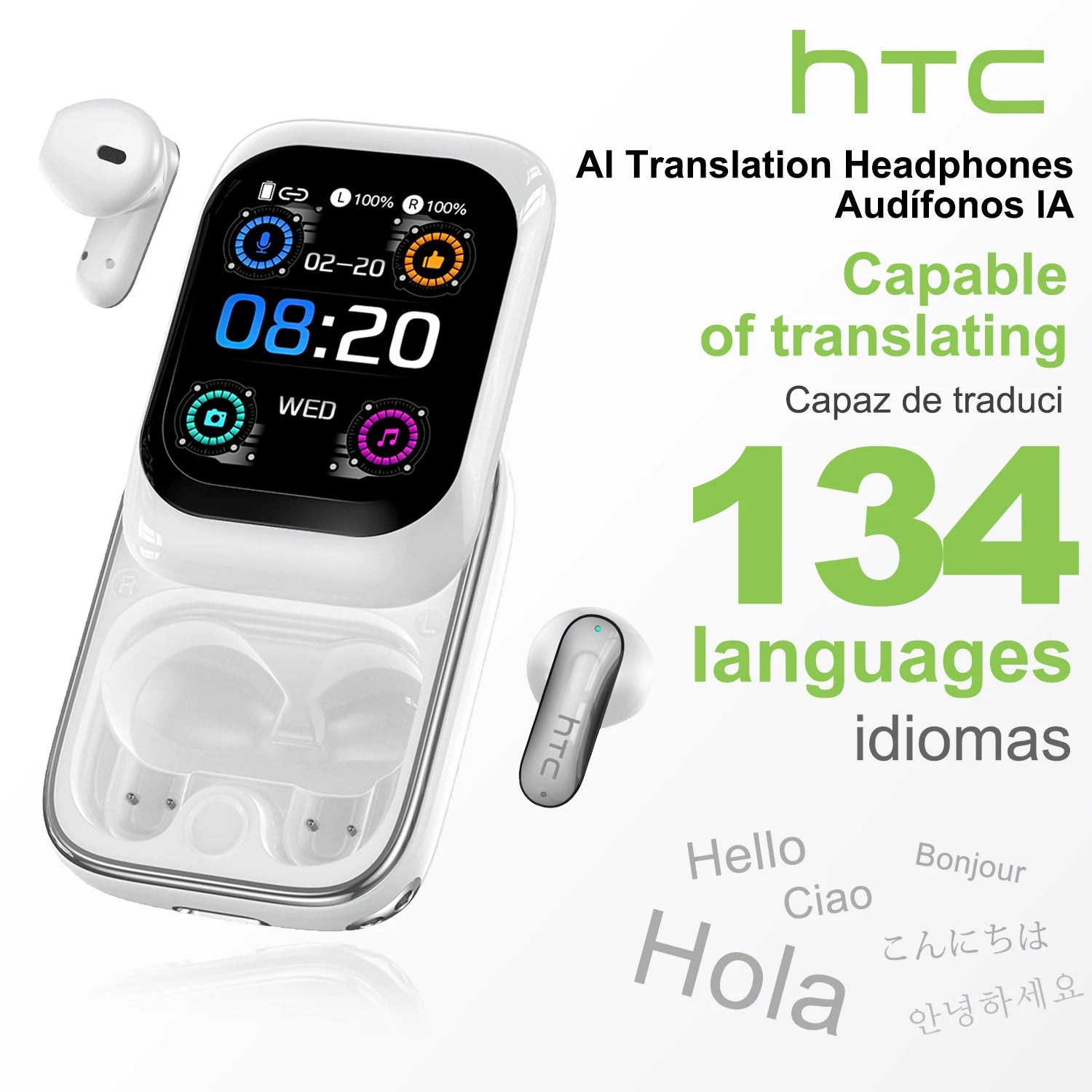 HTC NE48 – Écouteurs Bluetooth TWS AI – Traducteur Intelligent – Écran Ultra HD – Autonomie 48h