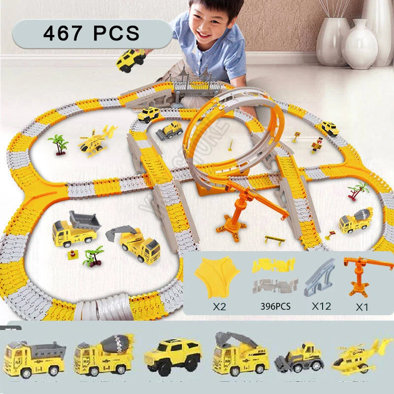 Ensemble Rails Magiques – Circuit Flexible et Courbé + Voiture Lumineuse (137 pcs / 221 pcs)