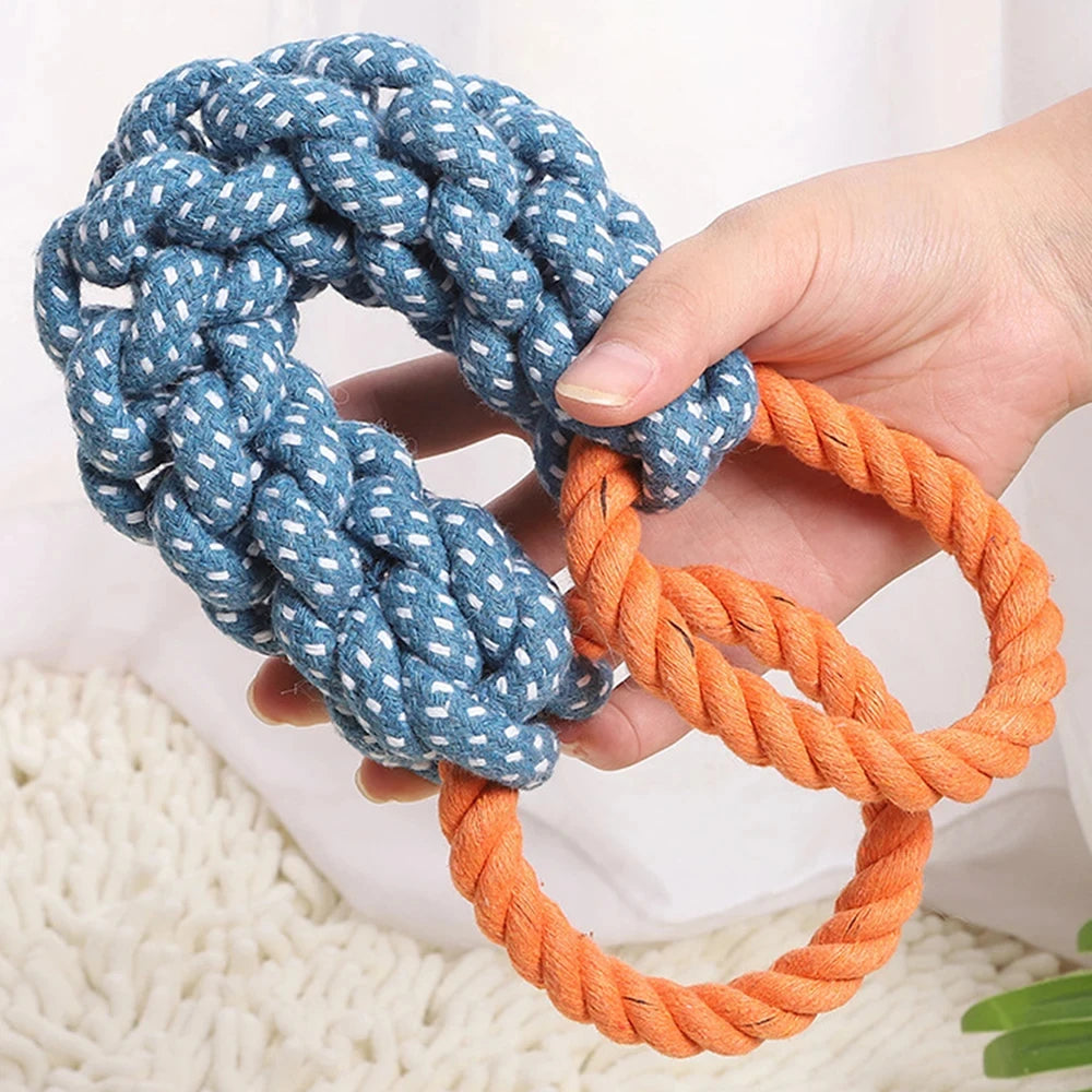 Jouet corde en coton à double anneau pour chien — résistant, jeu de traction