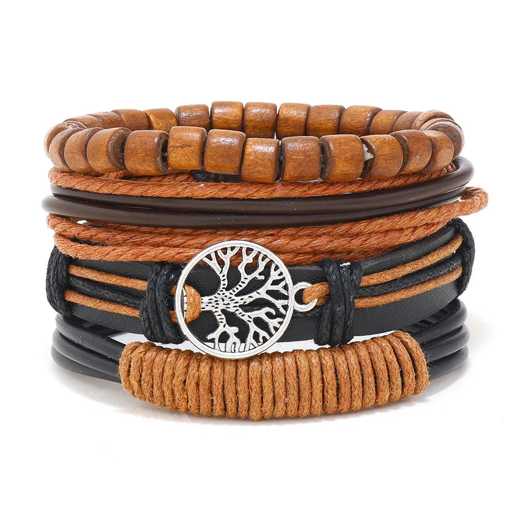 Bracelet Homme Luxe – Set de 4 Bracelets Tressés en Cuir (Style Ethnique Tribal)