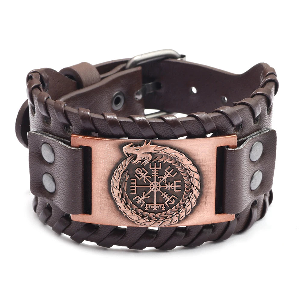 Bracelet Viking Homme – Cuir Tressé & Rune Nordique | Boussole & Dieu Oiseau