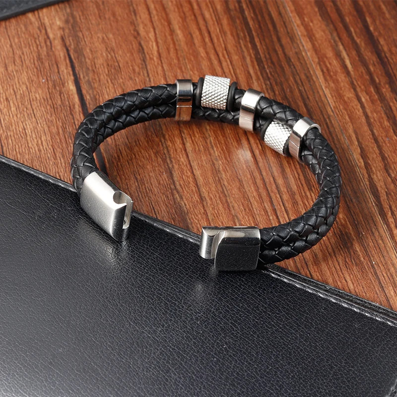 Bracelet Cuir Tressé & Acier – Fermoir Magnétique Homme