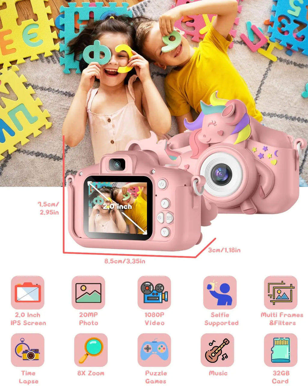 Caméra Enfant 20MP HD – Écran 2.0" + Vidéo 1080P + Selfie – Coque Silicone & Carte 32 Go