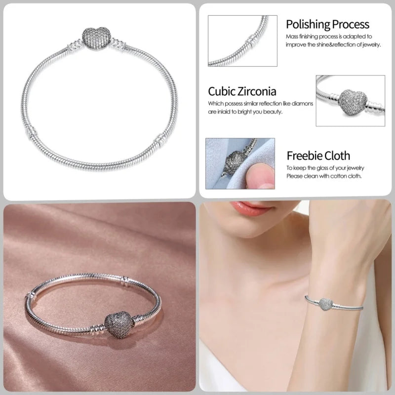 Bracelet en Argent 925 – Cœur Pavé Zircone & Infinity – 17 à 20 cm