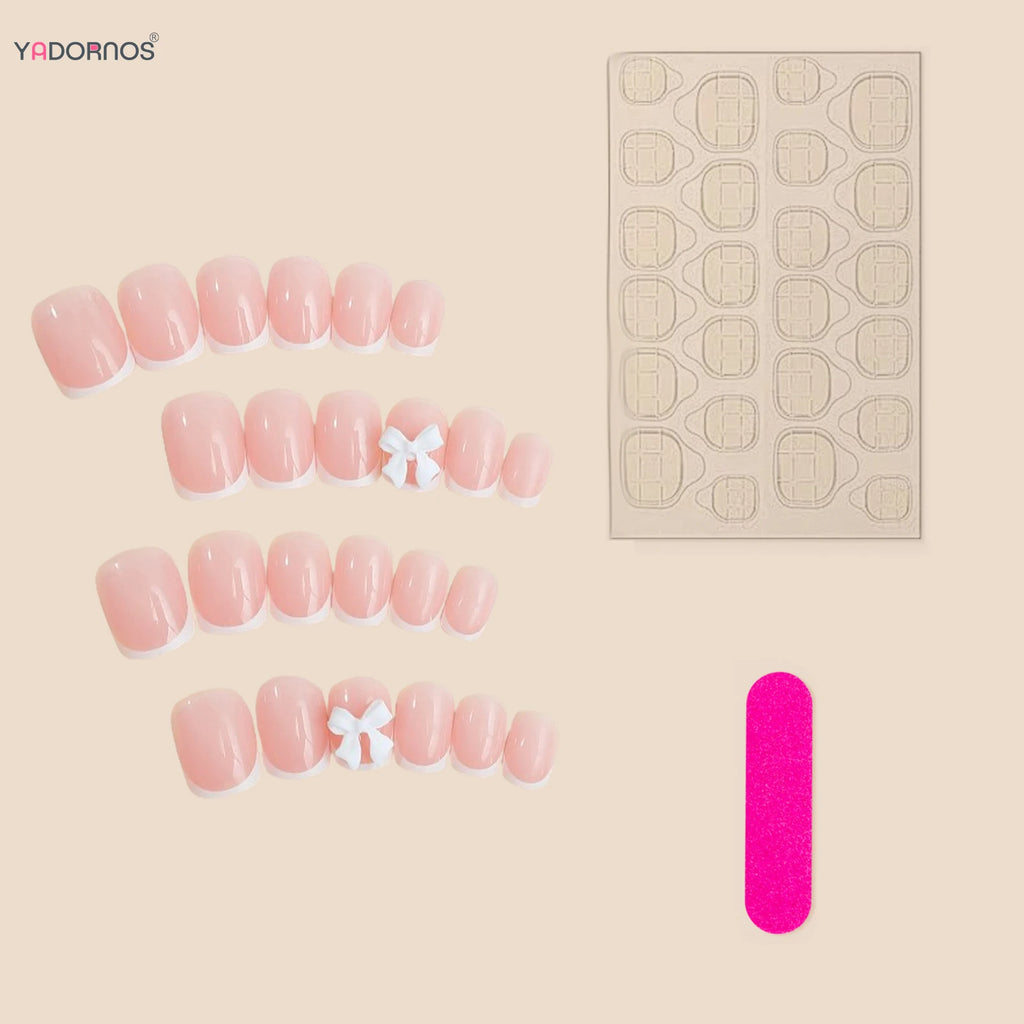 24 Pièces Faux Ongles French 3D – Nœud Papillon Élégant & Manucure Professionnelle DIY
