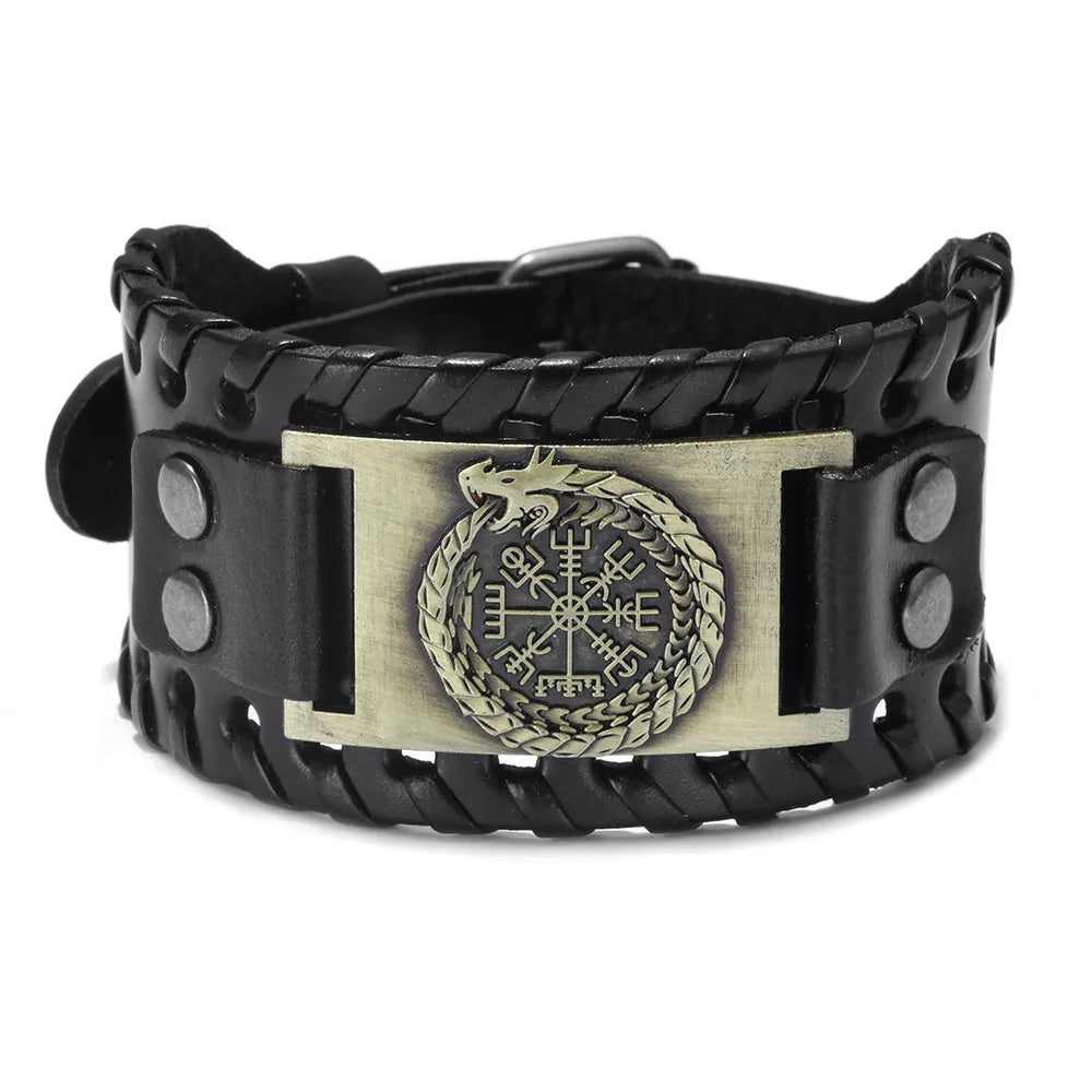 Bracelet Viking Homme – Cuir Tressé & Rune Nordique | Boussole & Dieu Oiseau