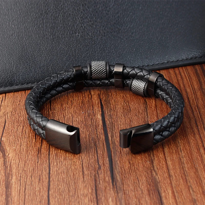 Bracelet Cuir Tressé & Acier – Fermoir Magnétique Homme