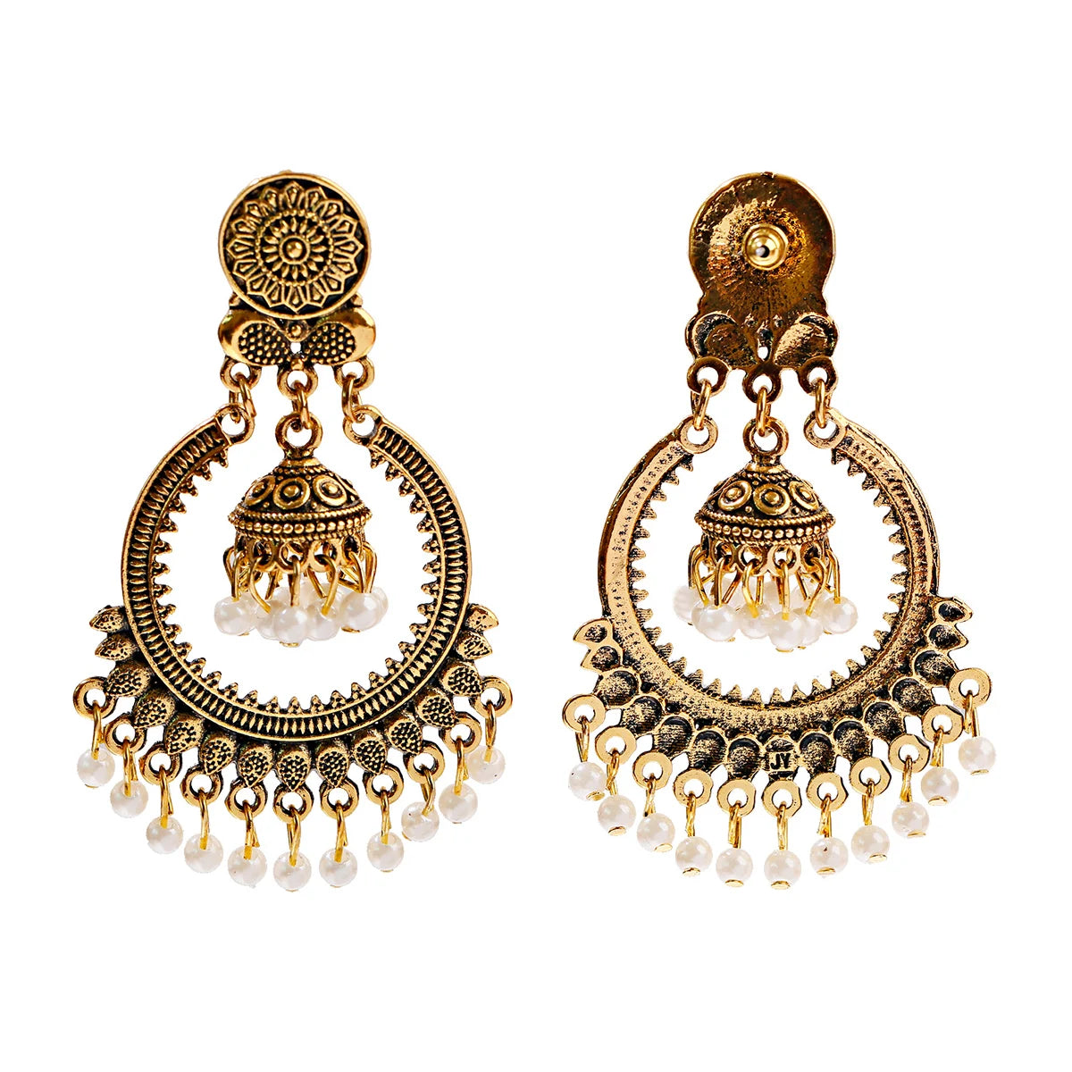 Boucles d’Oreilles Jhumka Rondes Dorées – Vintage Bohème à Fleurs & Pompons de Perles