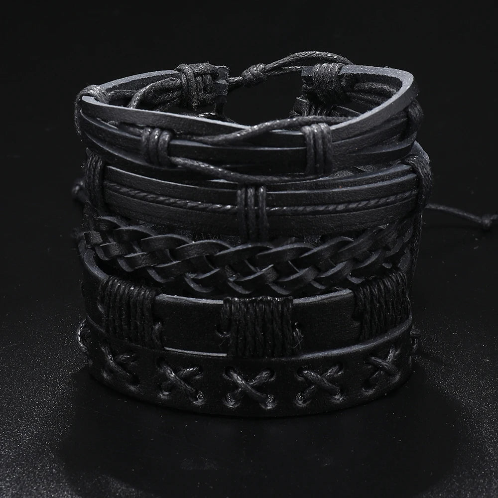 5 Bracelets Tressés en Cuir Noir – Style Punk Rock pour Hommes