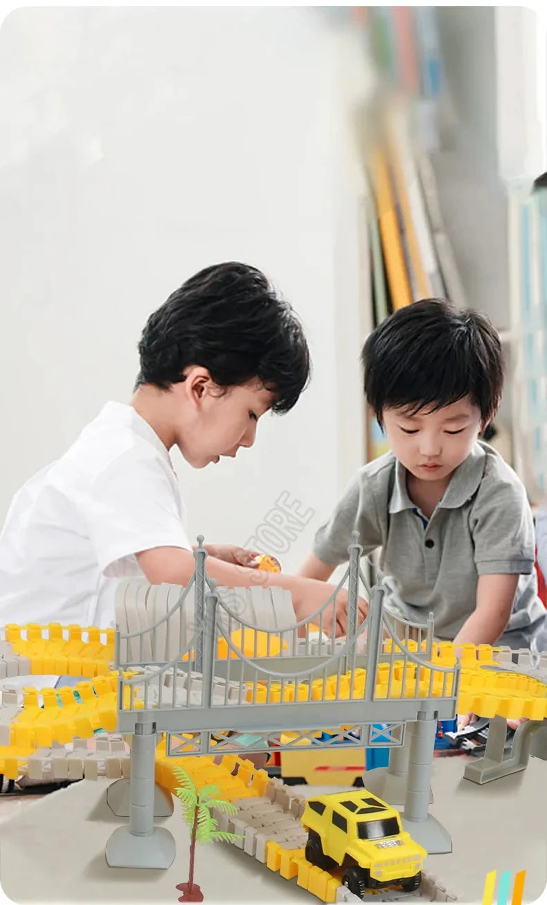 Ensemble Rails Magiques – Circuit Flexible et Courbé + Voiture Lumineuse (137 pcs / 221 pcs)