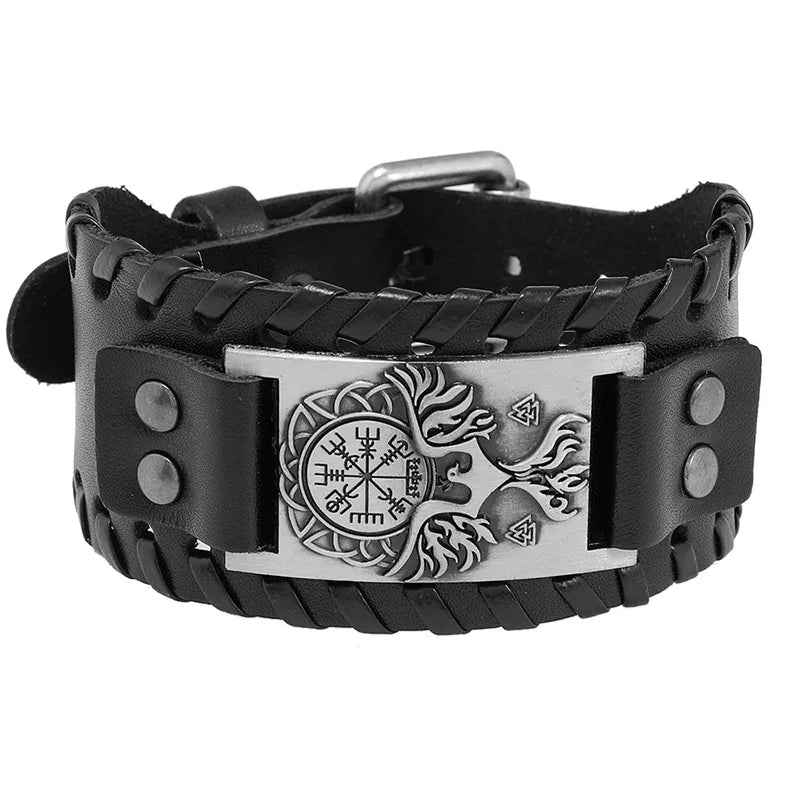 Bracelet Viking Homme – Cuir Tressé & Rune Nordique | Boussole & Dieu Oiseau