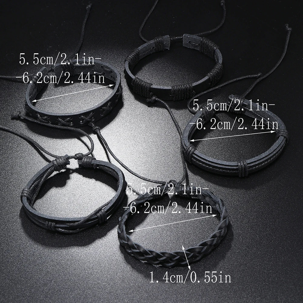 5 Bracelets Tressés en Cuir Noir – Style Punk Rock pour Hommes