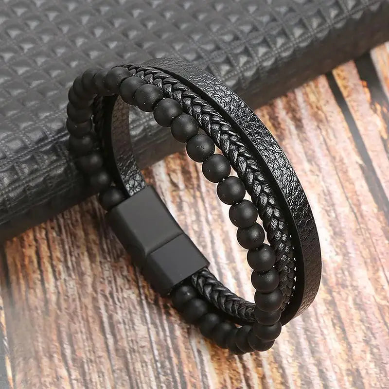 Bracelet en Cuir Multicouche Homme – Style Punk Classique | Tissé à la Main • Boucle Magnétique