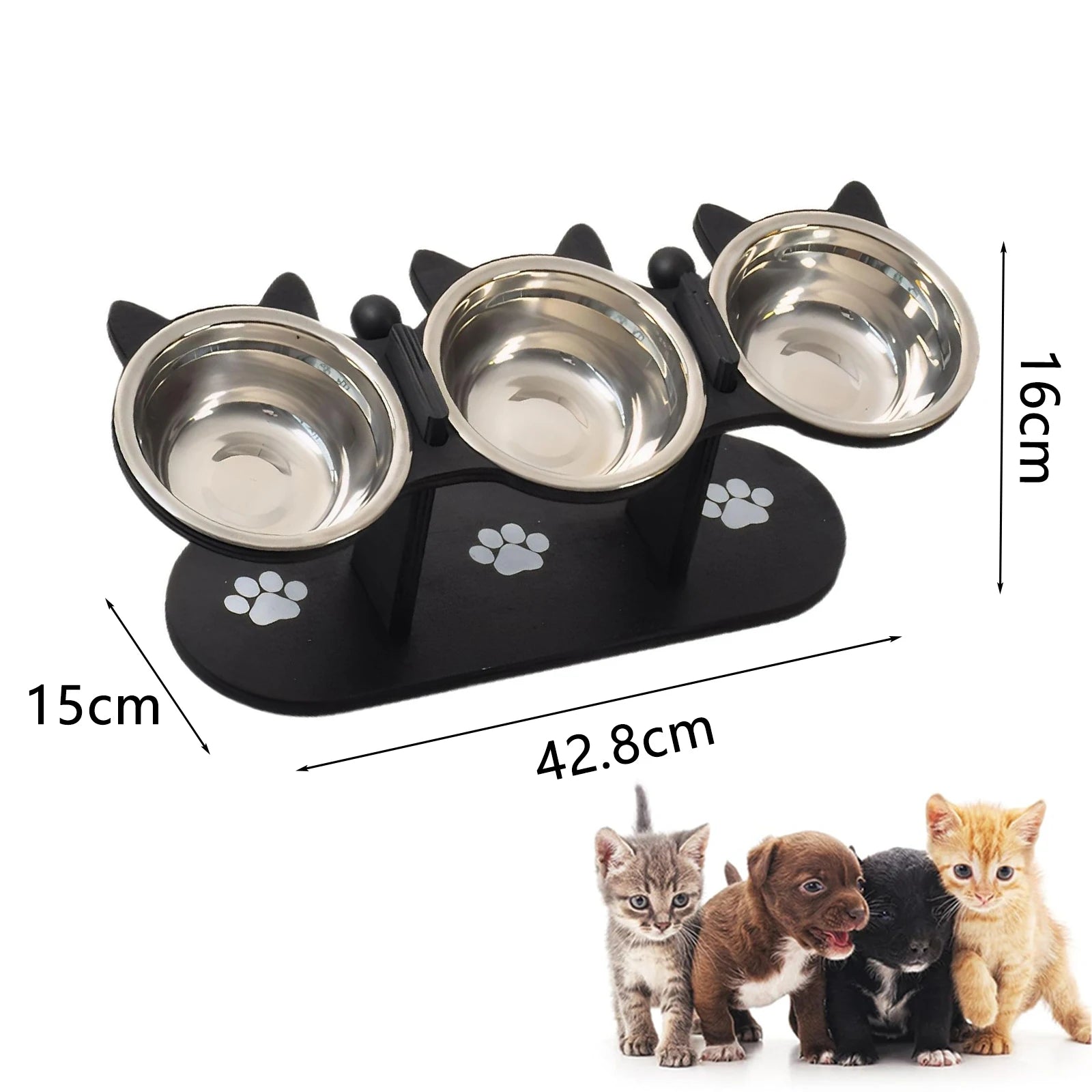Gamelle surélevée en inox sur cadre bois pour chat — inclinée 15°